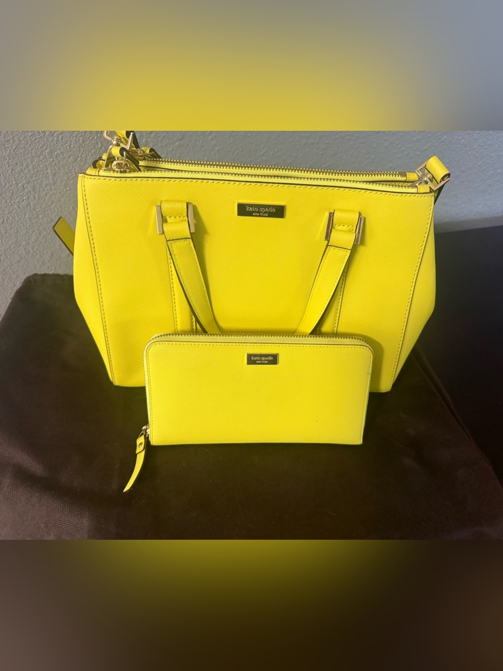 kate spade bright yellow saffiano tote with matching wallet